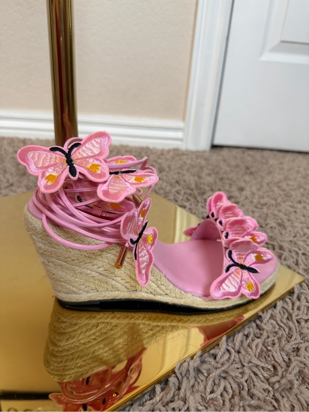 Pink Butterfly Embroidered Espadrille Wedge Sandals